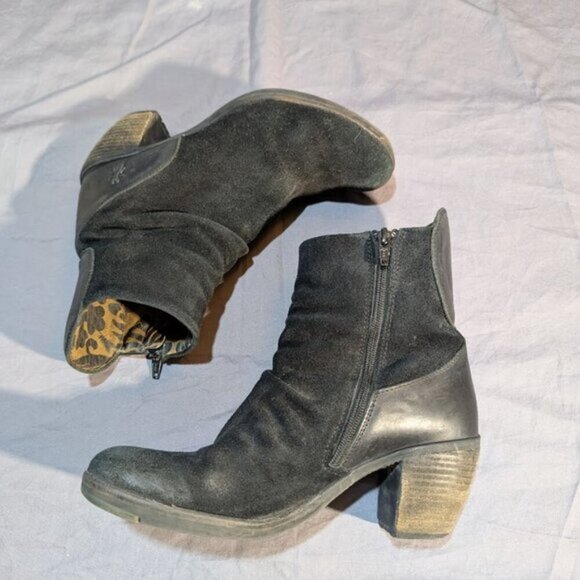 Fly London Black Suede and Leather Sipper Ankle Boots Women Size 38 - Picture 7 of 10